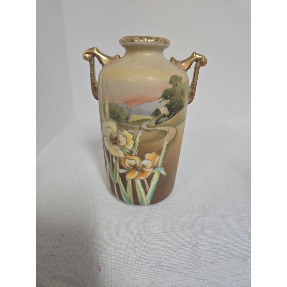 Vintage Nippon Hand Painted 6 1/4" Double Handle Landscape Yellow Iris Vase